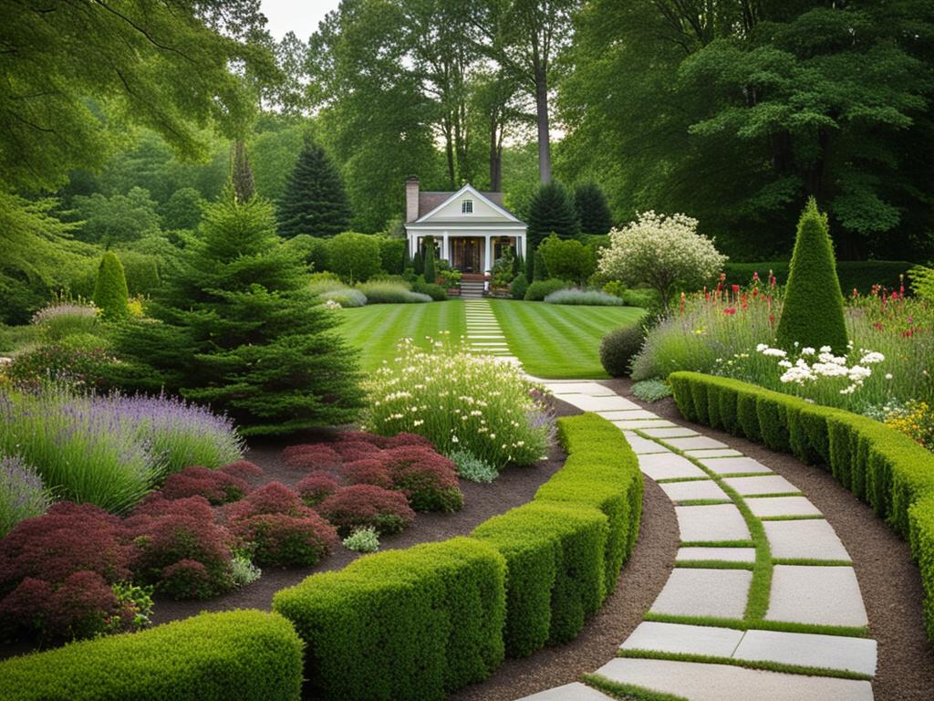 Colonial Style Garden Front Yard | AI Landscape Design Idea, image size:1024x768